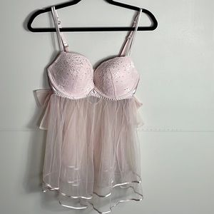 Victoria’s Secret pink babydoll lingerie lace bows 36D NWT